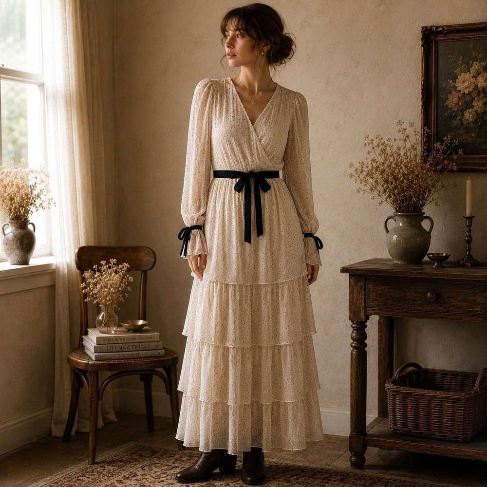 Cream Swiss Dot Sheer Tiered Maxi Dress M Puff Sleeve Tie Waist Cottage Prairie
